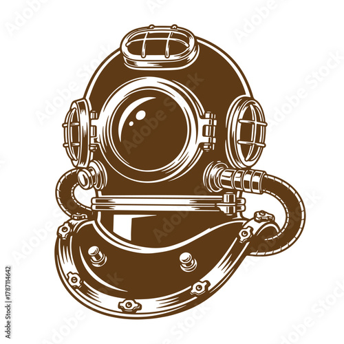 Detailed vector illustration of a classic vintage diving helmet in brown color