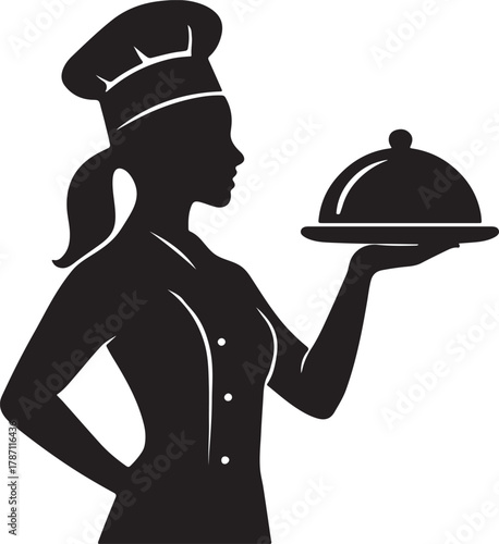 Silhouette of a female chef presenting a covered dish on a silver platter symbolizing excellent dining and culinary service