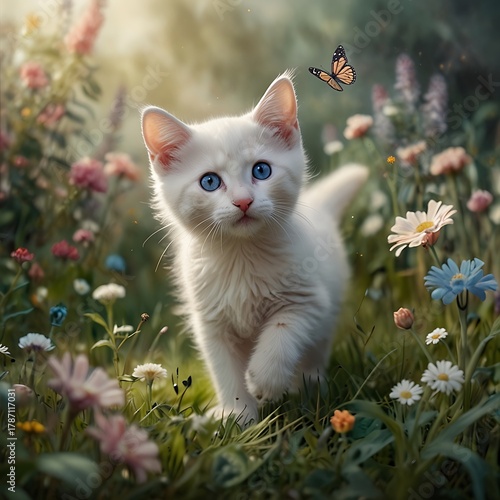 Serene White Cat Walking Gracefully Among Vibrant Blossoms in a Tranquil Spring Garden Scene