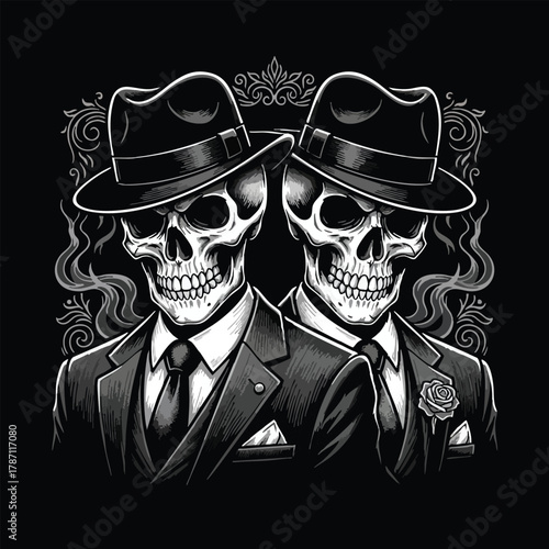 Two stylish skull figures in dapper suits and fedoras with intricate vintage ornaments an edgy and sophisticated monochrome illustration