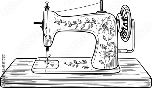 Vintage Sewing Machine Illustration on Wooden Base retro antique