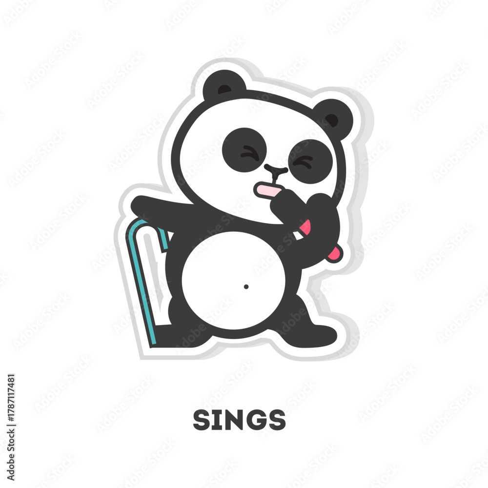 Naklejka premium A cute cartoon panda bear character singing with passion. Adorable animal mascot icon sticker
