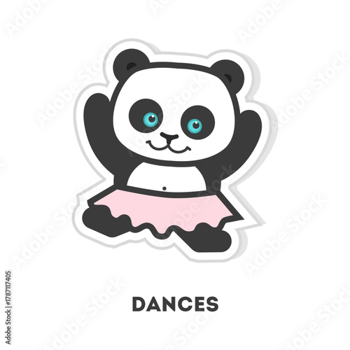 A cute cartoon panda bear in a pink ballet tutu dancing joyfully as a sticker illustration