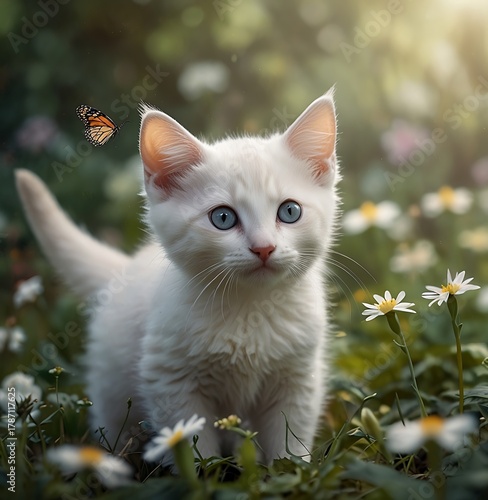 Graceful White Cat Wandering Through a Blooming Garden of Yellow and White Flowers Under Soft Sunlight