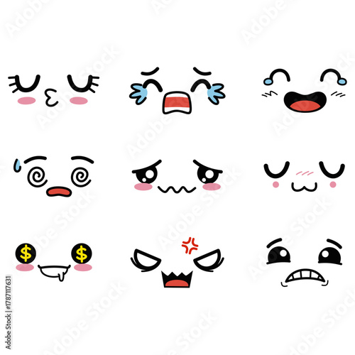 A diverse set of nine cute kawaii cartoon facial expressions showing various human emotions and reactions