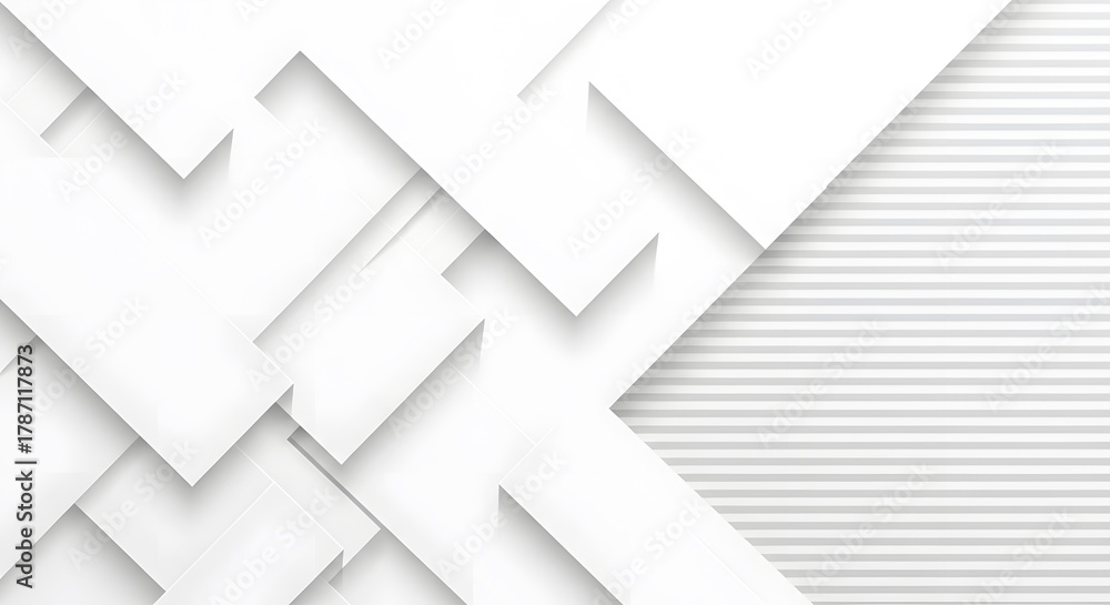 Fototapeta premium Abstract Geometric White Background with Overlapping Shapes and Textural Striped Element