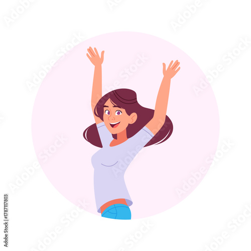 Happy Young Woman Cheering with Arms Raised in Celebration