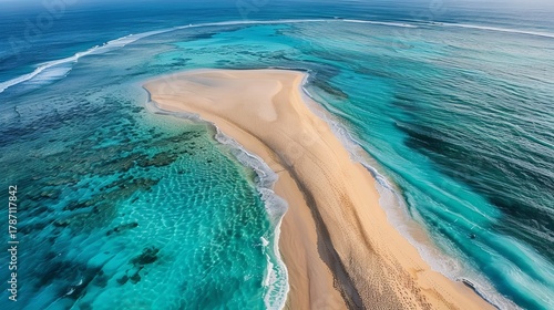 Fototapeta Naklejka Na Ścianę i Meble -  Aerial view of tropical sandbar and turquoise ocean water in Maldives paradise vacation destination