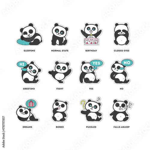 Cute panda stickers collection showing different emotions and activities on a white background