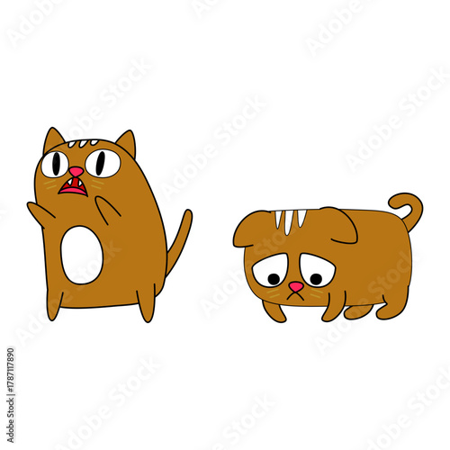 Adorable animated cat startled and distressed alongside a dejected, sad cartoon puppy illustration