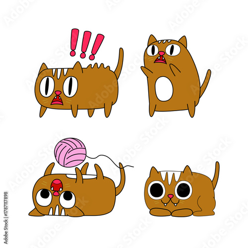 Funny cartoon cat expressing surprise, playing, and looking curious with big eyes and a ball of yarn