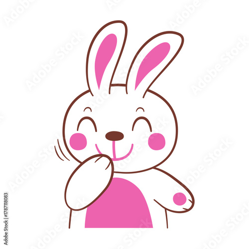 A cute cartoon bunny rabbit character with a shy laughing expression, covering its mouth with a paw