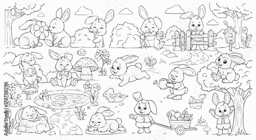 Collection of Adorable Cartoon Bunnies in Various Poses and Activities.