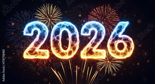 Vibrant neon glowing numbers 2026 illuminated against a dark night sky filled with colorful exploding fireworks celebrating the upcoming new year