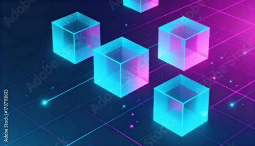 Digital Cube Array: An abstract digital landscape with a network of interconnected transparent cubes, creating an illusion of depth and technological sophistication.