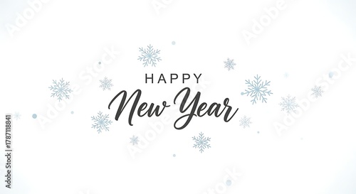 Elegant handwritten happy new year greeting with delicate falling snowflakes on a clean white background perfect for festive celebrations and winter holiday designs