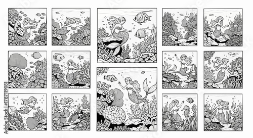 Mermaids and Marine Life in Underwater Scenes.