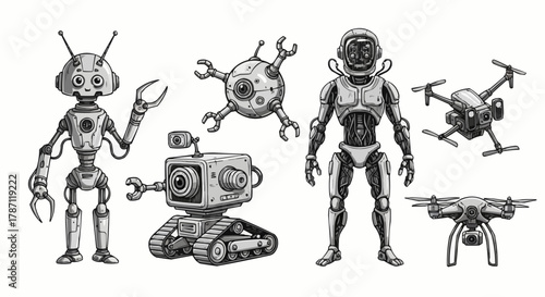 A collection of hand drawn robots and drones in a vintage sketch style.