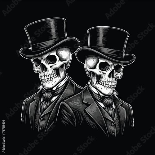 Two dapper skeleton gentlemen in top hats and suits portraying a gothic vintage style illustration on a dark background