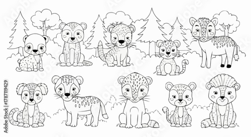 Collection of Adorable Baby Big Cats and Wild Animals in Outline Style.