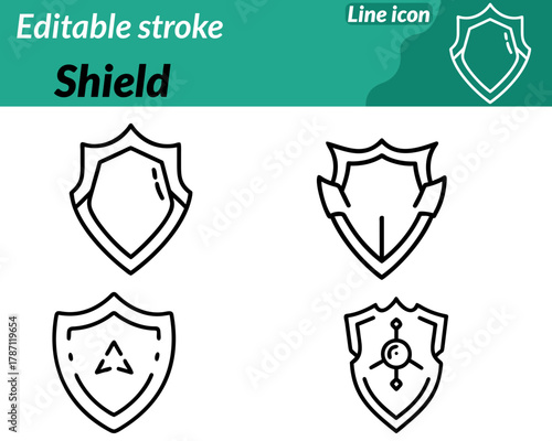 A strong bold shield symbol with a clean and symmetrical outline. The shield has a slightly pointed bottom and rounded upper edges. Giving it a classic protective look. Inside the shield minimal line.