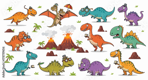 Colorful collection of cartoon dinosaurs in various poses and expressions.