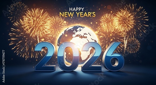 Happy new year 2026 with a glowing earth and spectacular fireworks display celebrating the global celebration of the upcoming year