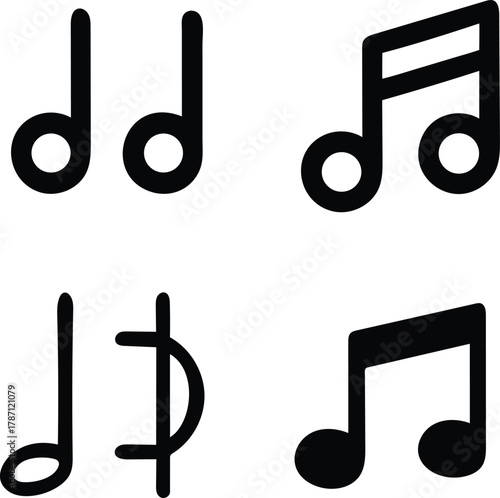 Music Note Icon Set Outline and Solid Vector Symbols with Eighth and Whole Notes