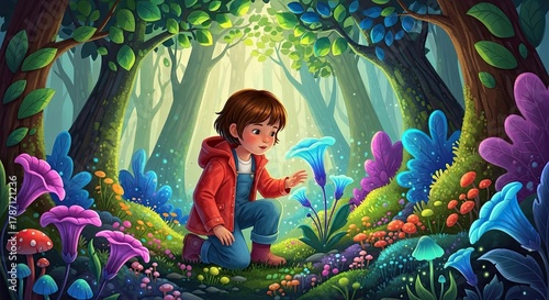 A child discovers magical glowing flowers in an enchanted forest