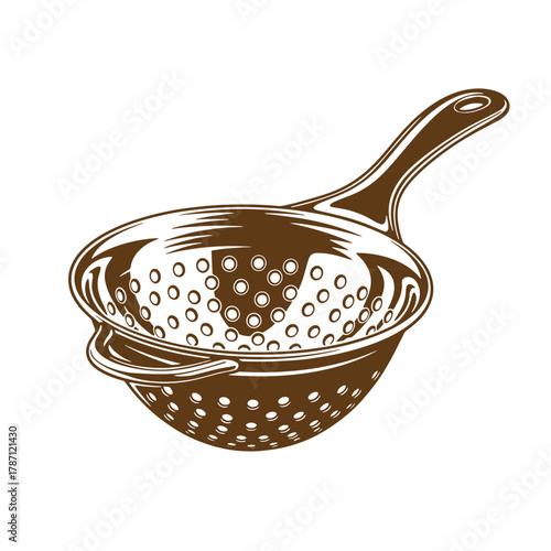 Vintage art illustration of a brown colander kitchen utensil with handle isolated on white