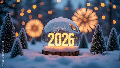 Snow Globe with 2026 Illuminated and Winter Trees at Night 