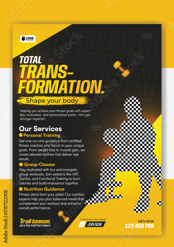 Total transformation flyer design for fitness and bodybuilding promotion