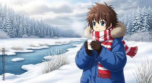 Cozy Winter Scene with a Boy Holding a Warm Drink