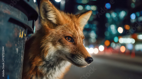 A red fox with bright amber fur near a city trash bin at night, an encounter with wildlife on the streets of a modern city