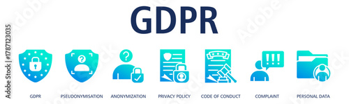 GDPR banner web icon vector illustration concept with icon of GDPR, pseudonymisation, anonymization, privacy policy, code of conduct, complaint, personal data