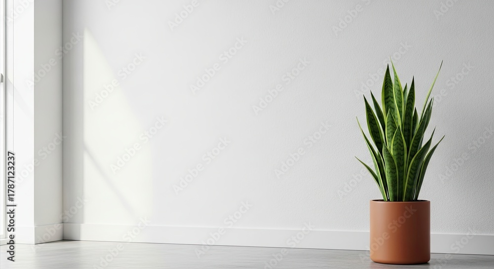 Obraz premium Indoor plant in a simple pot near a large window casting shadows