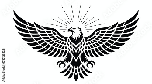 Majestic eagle soaring beneath radiant sun, bold black silhouette symbolizing freedom, power, and strength, isolated vector illustration for patriotic, wildlife, and inspirational design projects