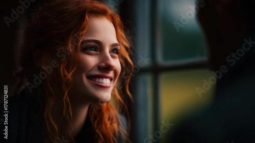 Wallpaper Mural Captured Moments of Joy: A Portrait of a Young Woman with Vibrant Red Hair Smiling Lightly as Sunlight Filters Through a Window, Creating a Warm and Inviting Atmosphere. Torontodigital.ca