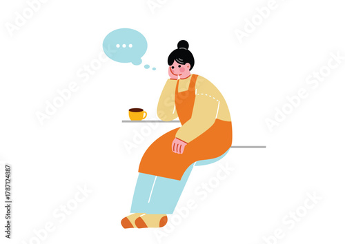 頬杖をついて考え事をするエプロンを着た主婦のイラスト