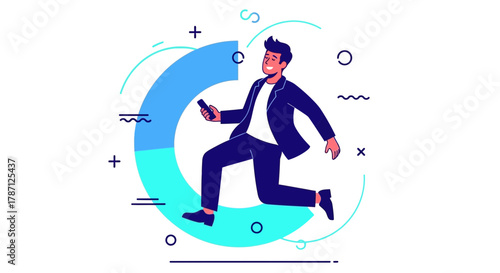 Dynamic businessman running with phone, achieving goals in modern graphic style