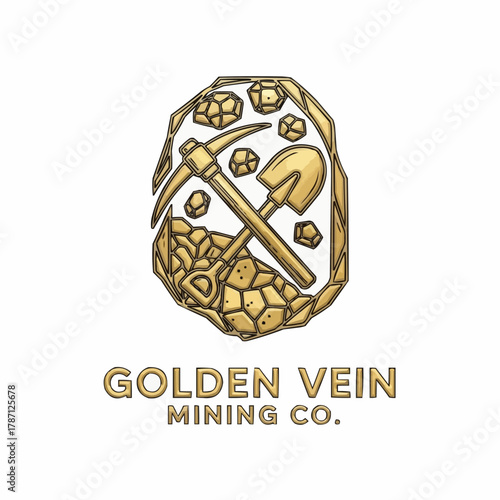 Golden Vein Mining Co. Logo Featuring Pickaxe, Shovel, and Gold Nuggets.