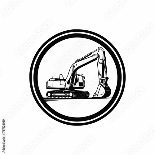 Monochrome illustration of a powerful excavator for construction and earthmoving tasks.