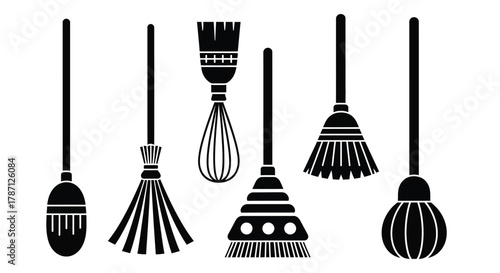 Various broom designs for cleaning and Halloween themes