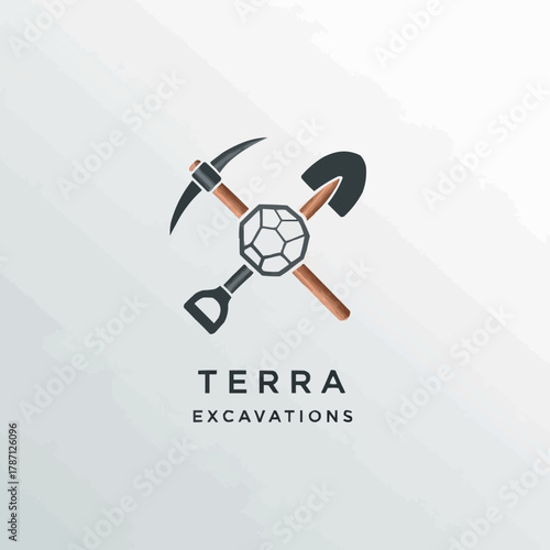 Terra Excavations Logo Featuring Crossed Pickaxe and Shovel with Soccer Ball Center.