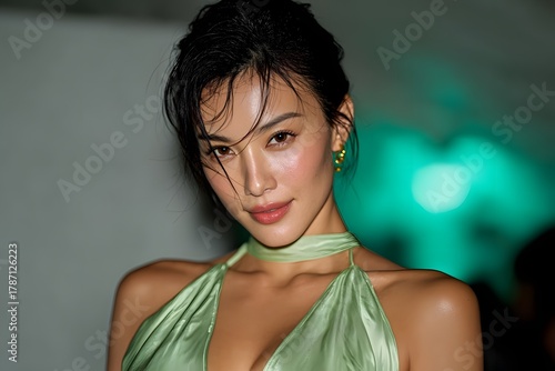 Professional studio portrait with mint satin and precise neon lighting. Ultra-sharp, realistic tones and cinematic depth evoke futuristic elegance and modern calm.