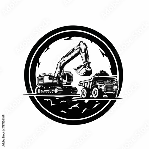 Heavy machinery excavator loading dump truck in construction site.