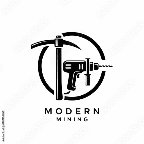Modern Mining Logo with Pickaxe and Drill in Circle.