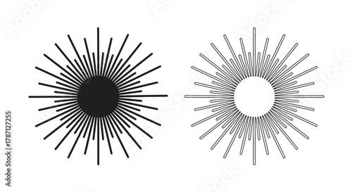 Two abstract circular designs with radiating lines in black and white