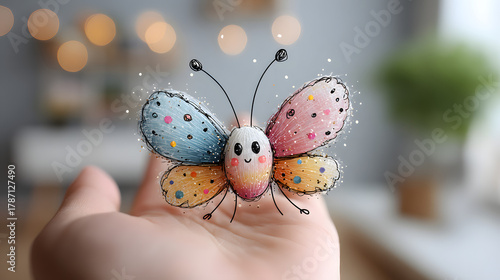 Isolated white background macro image showing a beautiful monarch butterfly with orange and black wings flying onto a hand