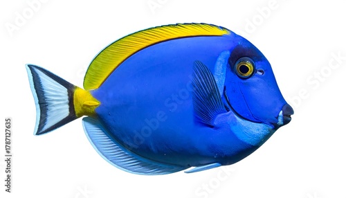 Vibrant blue fish with yellow and black fins, isolated on white